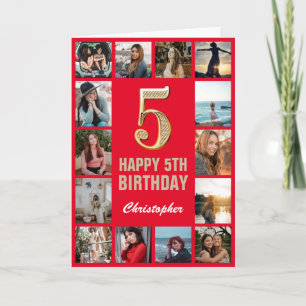 5th Happy Birthday Red and Gold Photo Collage  Card