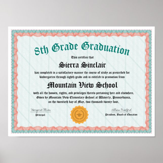 5th or 8th Grade Graduation or Promotion Diploma Poster (Front)