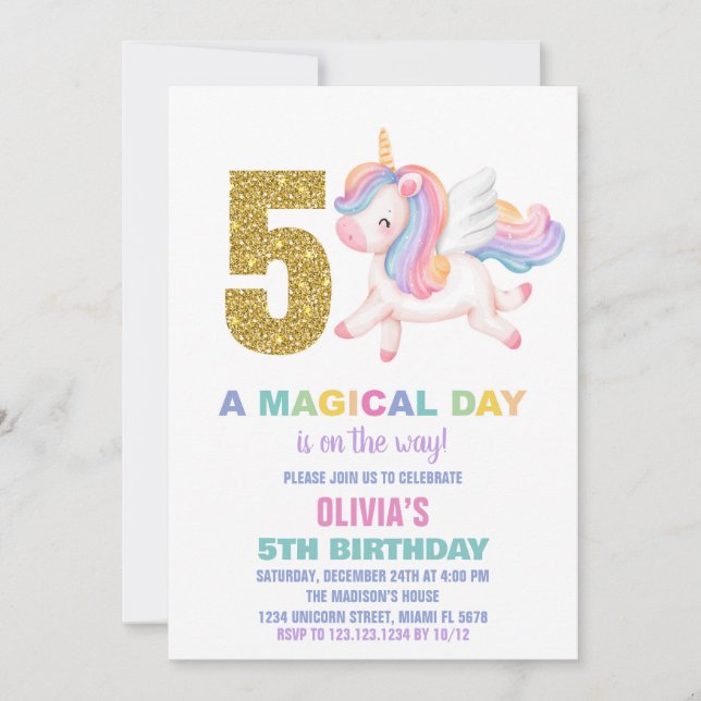 5th Rainbow Unicorn Birthday Invitations (Front)