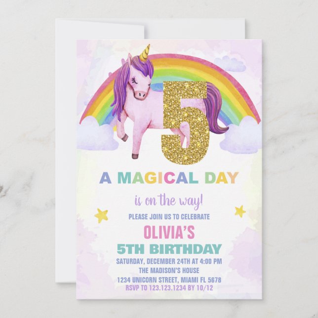 5th Rainbow Unicorn Birthday Invitations Cloud (Front)