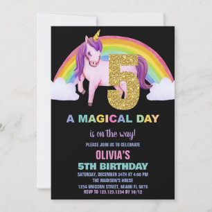 5th Rainbow Unicorn Birthday Invitations Glitter