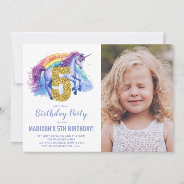 5th Rainbow Unicorn Birthday Invitations photo (Front)