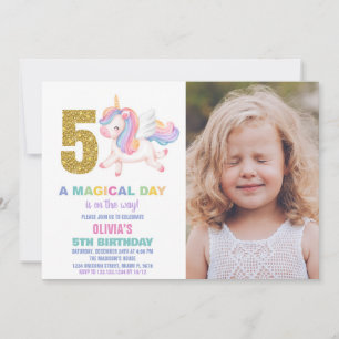 5th Rainbow Unicorn Birthday Invitations w photo