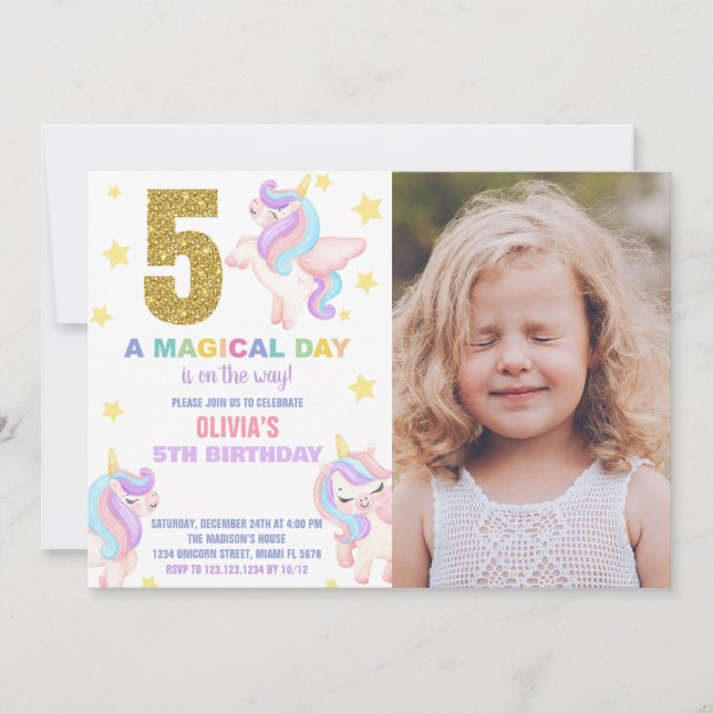 5th Rainbow Unicorn Birthday Invitations w photo (Front)