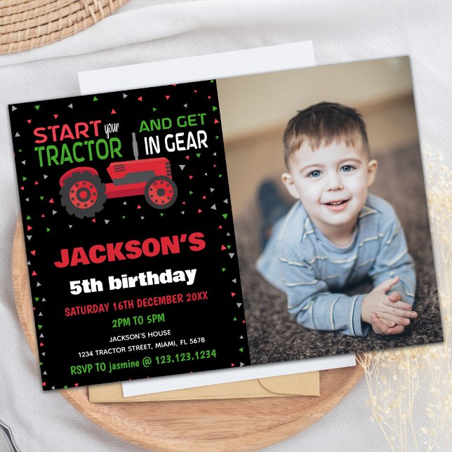 5th Red Tractor Birthday Invitations with photo (5th Red Tractor Birthday Invitations with photo)