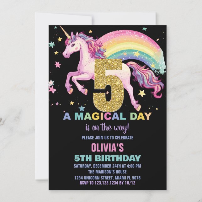 5th Unicorn Birthday Invitations Black (Front)