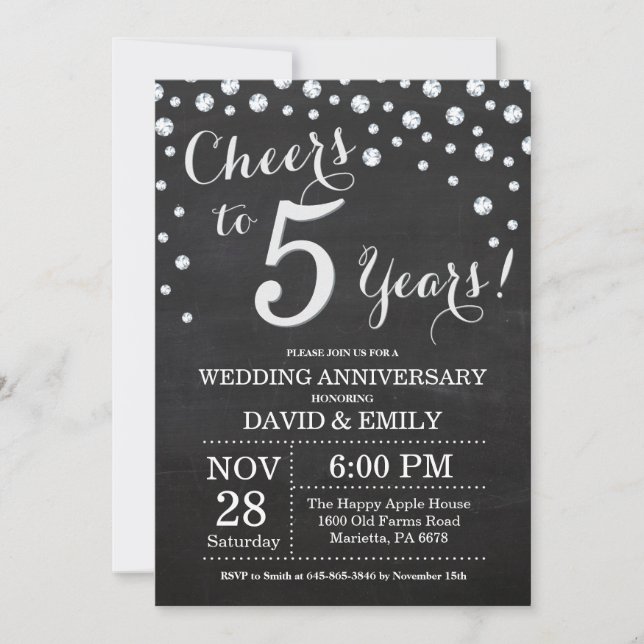 5th Wedding Anniversary Chalkboard Black Silver Invitation (Front)