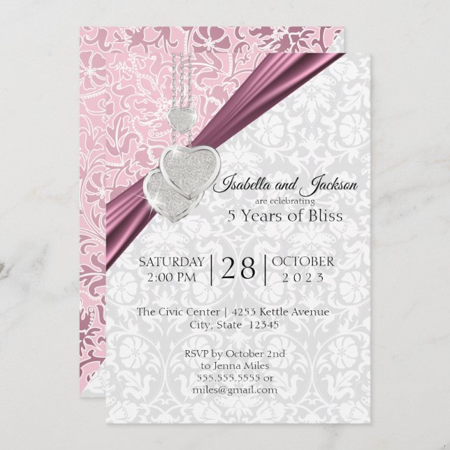 5th Wedding Anniversary Design - Pink Invitation (Front/Back)