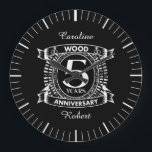 5th wedding anniversary distressed crest large clock<br><div class="desc">A design to celebrate your fifth year of marriage. This first wedding anniversary design has a distressed white crest,  with the text wood,  5 year ,  anniversary.  If you would like any help customising this design please contact me,  their is an ask this designer button,  just below this text.</div>