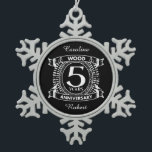 5th wedding anniversary distressed crest snowflake pewter christmas ornament<br><div class="desc">A design to celebrate your fifth year of marriage. This first wedding anniversary design has a distressed white crest,  with the text wood,  5 year ,  anniversary.  If you would like any help customising this design please contact me,  their is an ask this designer button,  just below this text.</div>
