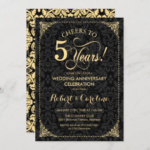 5th Wedding Anniversary - Gold Black Damask Invitation