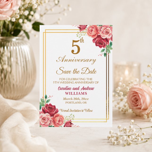 5th Wedding Anniversary Gold Frame Floral  Save The Date (Creator Uploaded)