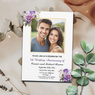 5th Wedding Anniversary Gold Frame Purple Roses Invitation