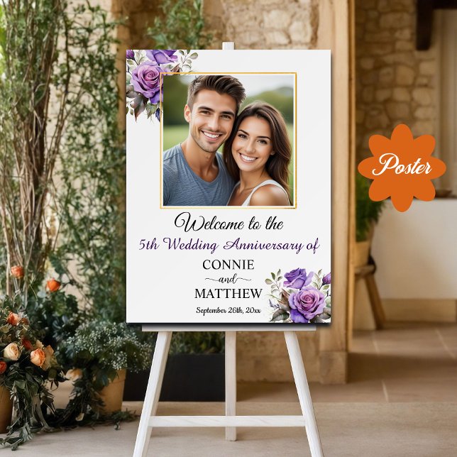 5th Wedding Anniversary Gold Frame Purple Roses Poster (Creator Uploaded)