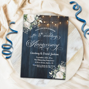 5th Wedding Anniversary Rustic Blue String Lights Invitation