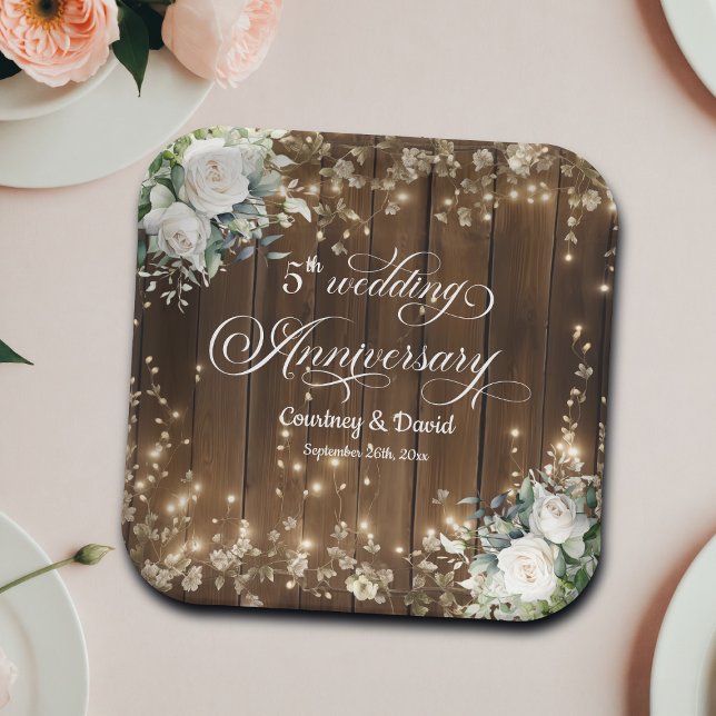 5th Wedding Anniversary Rustic String Lights  Paper Plate (Creator Uploaded)