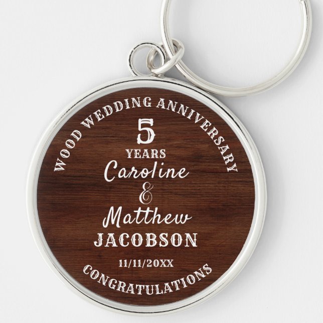 5th  WEDDING ANNIVERSARY Wood Wedding Editable Key Ring (Front)