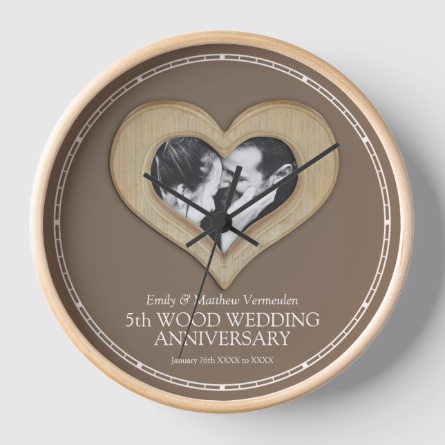 5th Wood wedding anniversary custom photo heart Clock (Front)