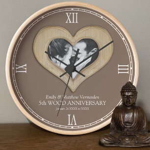 5th Wood wedding anniversary custom photo heart Clock