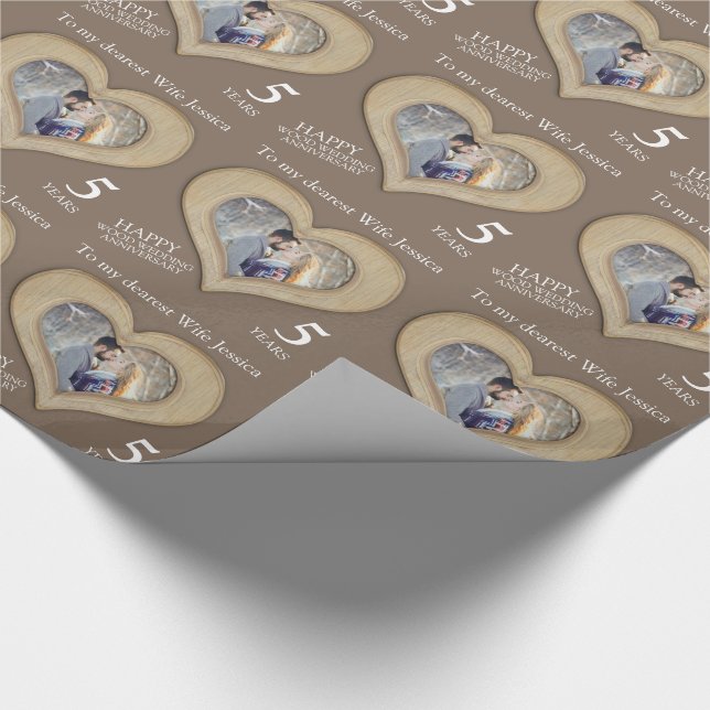 5th wood wedding anniversary custom photo wrap wrapping paper (Corner)