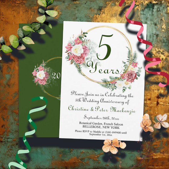 5th Wood Wedding Anniversary Roses Gold Frame Invitation (Creator Uploaded)