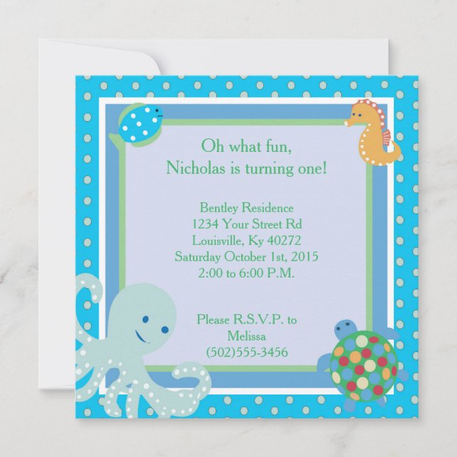 5x5 Calypso Sea Creatures 1st Birthday Invitation (Front)