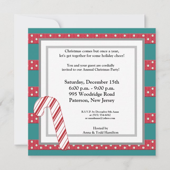 5x5 Candy Cane Stripes on Teal Invitation (Front)