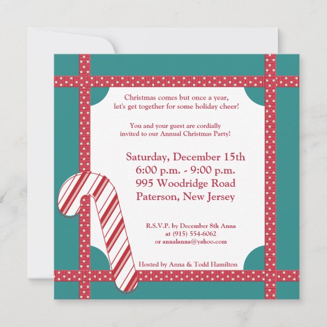 5x5 Candy Cane Stripes on Teal Invitation (Front)