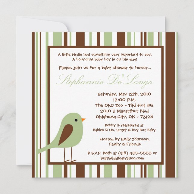 5x5 Green Boy Woodland Bird Baby Shower Invitation (Front)