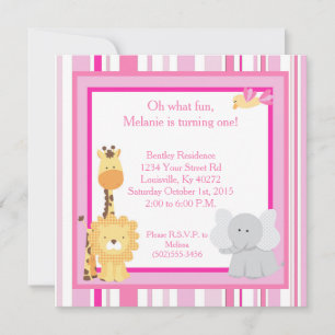 5x5 Pink Jungle 1st First Birthday Invitation