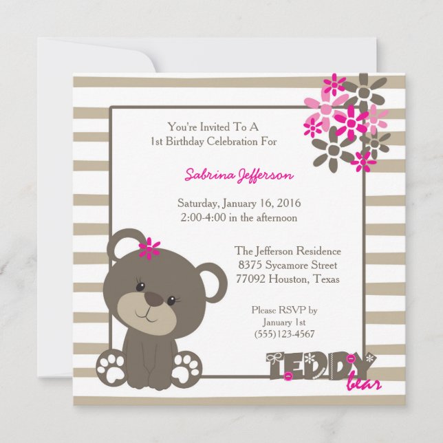 5x5 Pink Teddy Bear Birthday Party Invitation (Front)