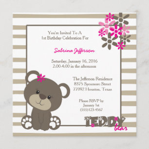 5x5 Pink Teddy Bear Birthday Party Invitation