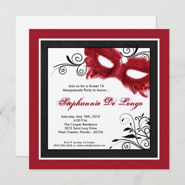 5x5 Red Masquerade Mask 16 Birthday Invitation (Front/Back)