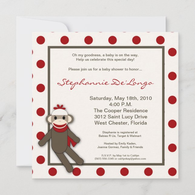 5x5 Red Sock Monkey Toy Baby Shower Invitation (Front)