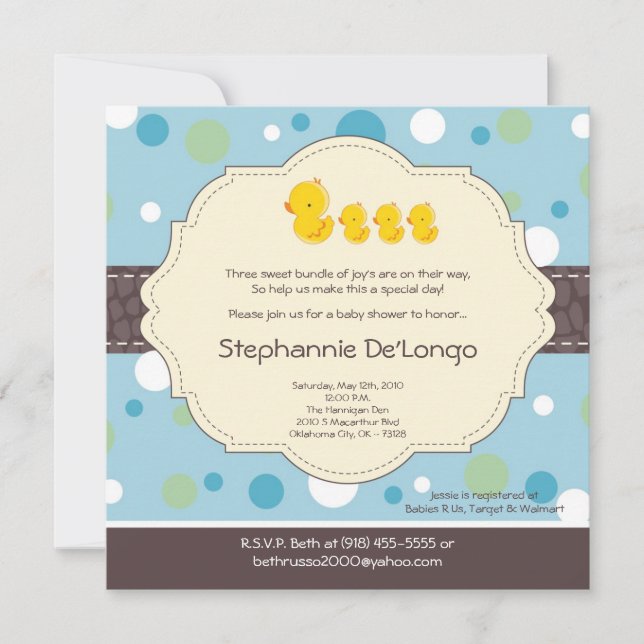 5x5 TRIPLET Boy Rubber Duck Baby Shower Invitation (Front)