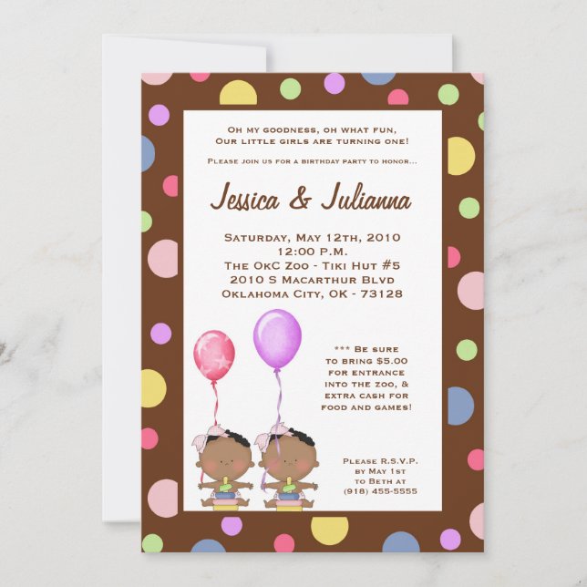 5x7 African American TWIN Birthday Part Invitation (Front)