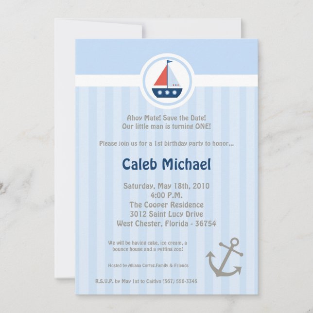 5x7 Ahoy Nautical Sail Boat Birthday Invitation (Front)