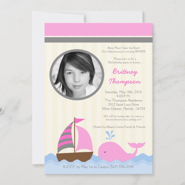 5x7 Ahoy Nautical Whale Boat Birthday Invitation (Front)