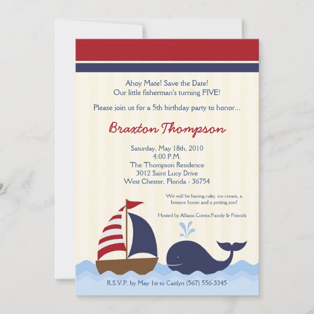 5x7 Ahoy Nautical Whale Boat Birthday Invitation (Front)