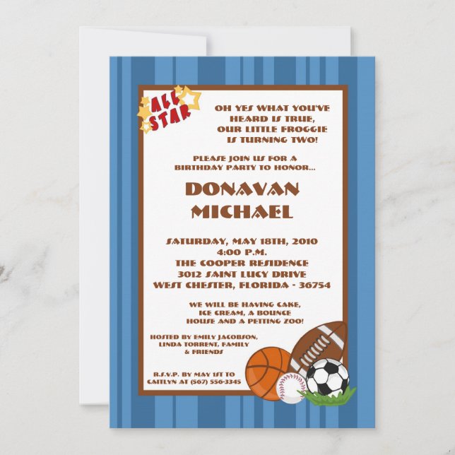 5x7 All Star Blue Birthday Party Invitation (Front)