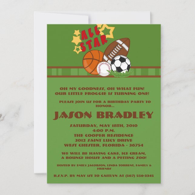 5x7 All Star Green Birthday Party Invitation (Front)