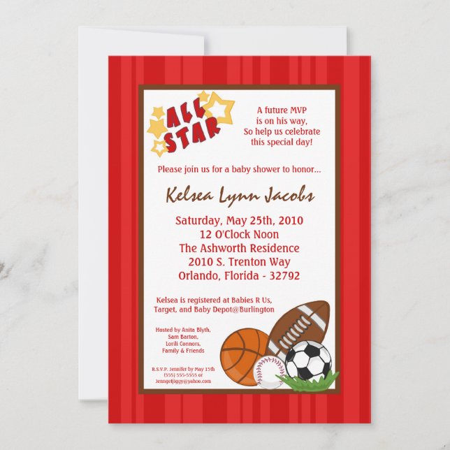5x7 All Star MVP Sport Ball Baby Shower Invitation (Front)