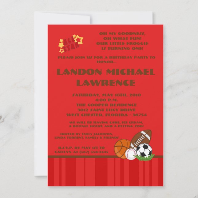 5x7 All Star Red Birthday Party Invitation (Front)