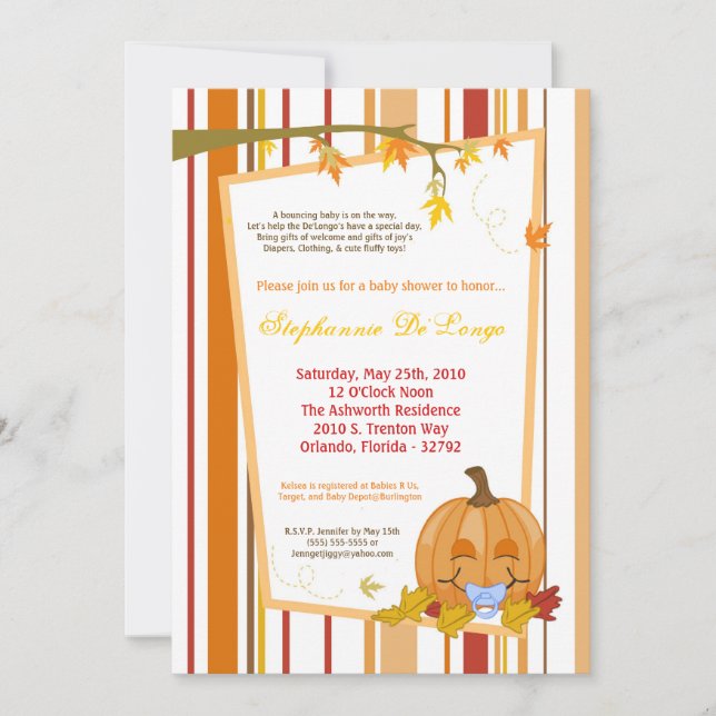 5x7 Autumn Fall Pumpkin Baby Shower Invitation (Front)