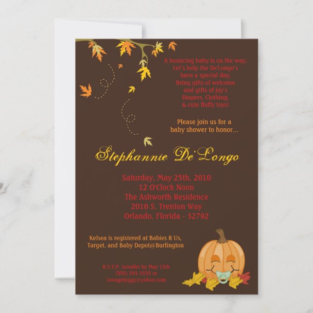 5x7 Autumn Fall Pumpkin Baby Shower Invitation (Front)