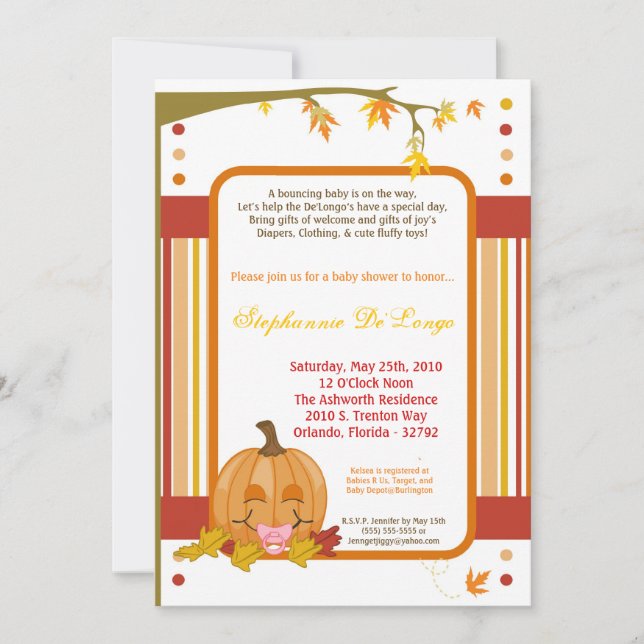 5x7 Autumn Fall Pumpkin Baby Shower Invitation (Front)