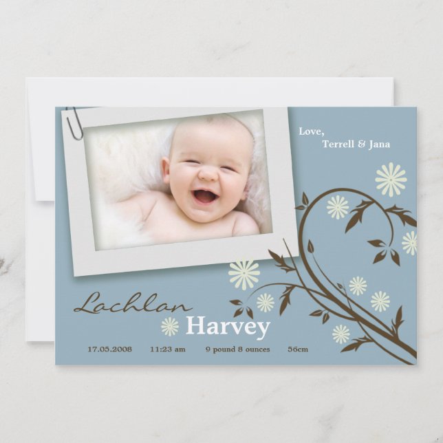 5x7 Baby Boy Blue Floral Photo Birth Announcement (Front)