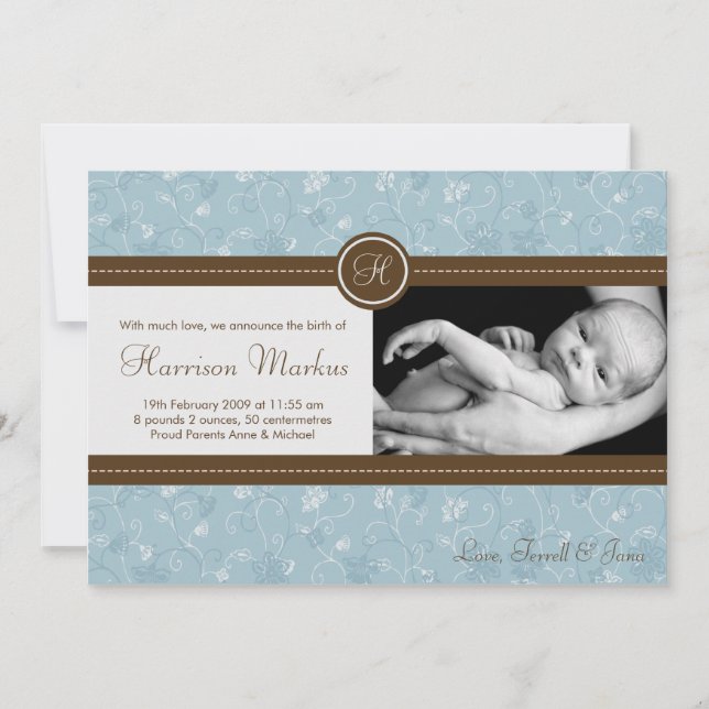 5x7 Baby Boy Blue Floral Photo Birth Announcement (Front)