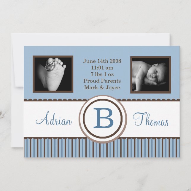 5x7 Baby Boy Blue Striped Photo Birth Announcement (Front)