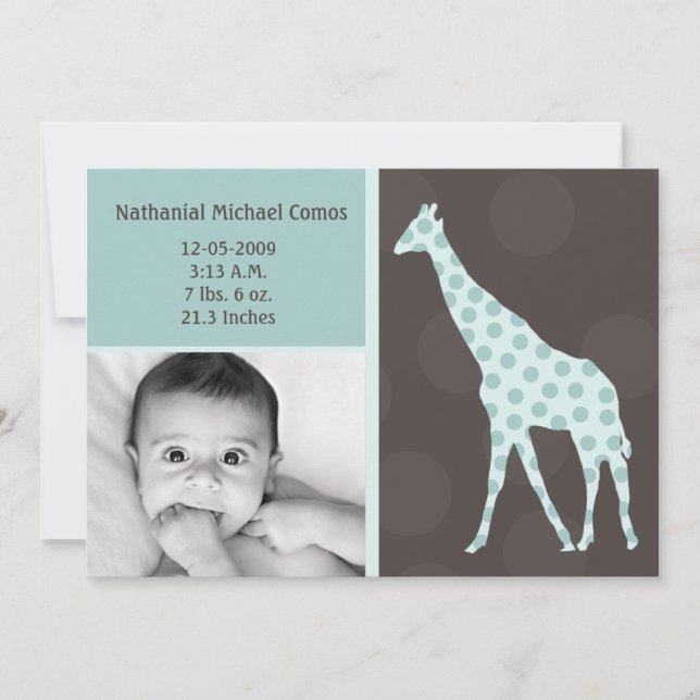 5x7 Baby Boy BlueGiraffe Photo Birth Announcement (Front)